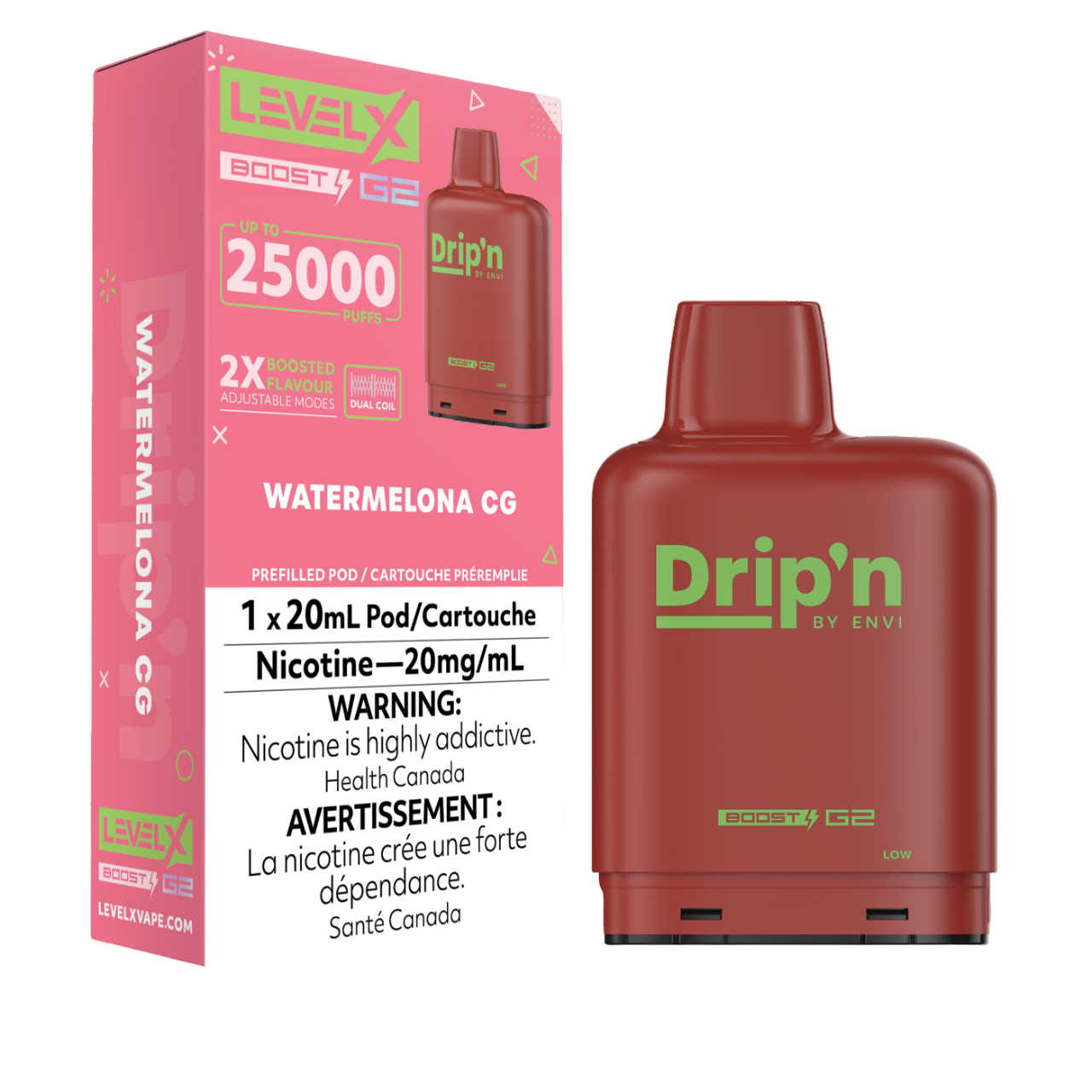 Level X Drip'n Boost G2 Pod 20mL Watermelon CG 25000 Puffs 20mg