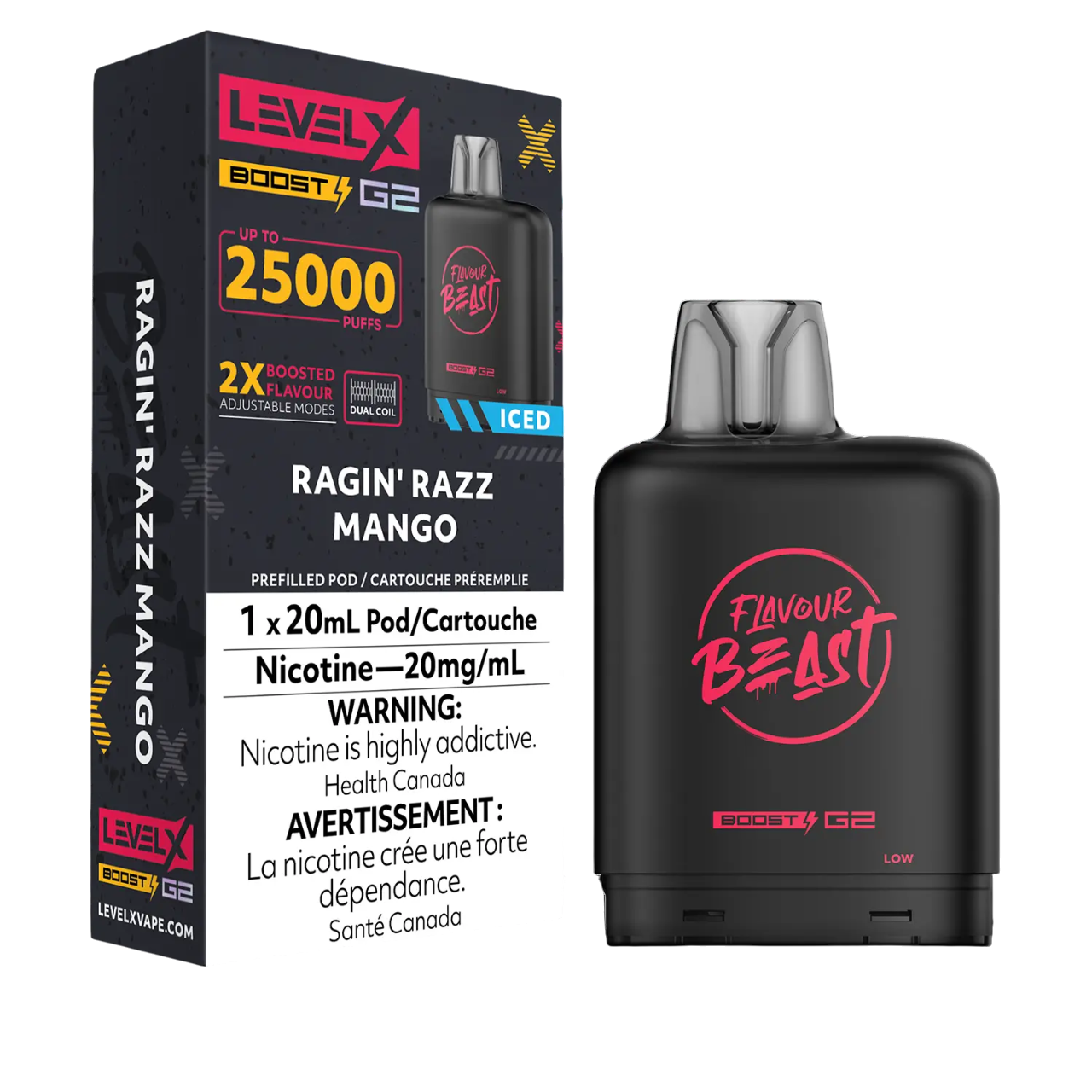 Level X Flavour Beast Boost G2 Iced Pod 20mL Ragin Razz Mango 25000 Puffs 20mg