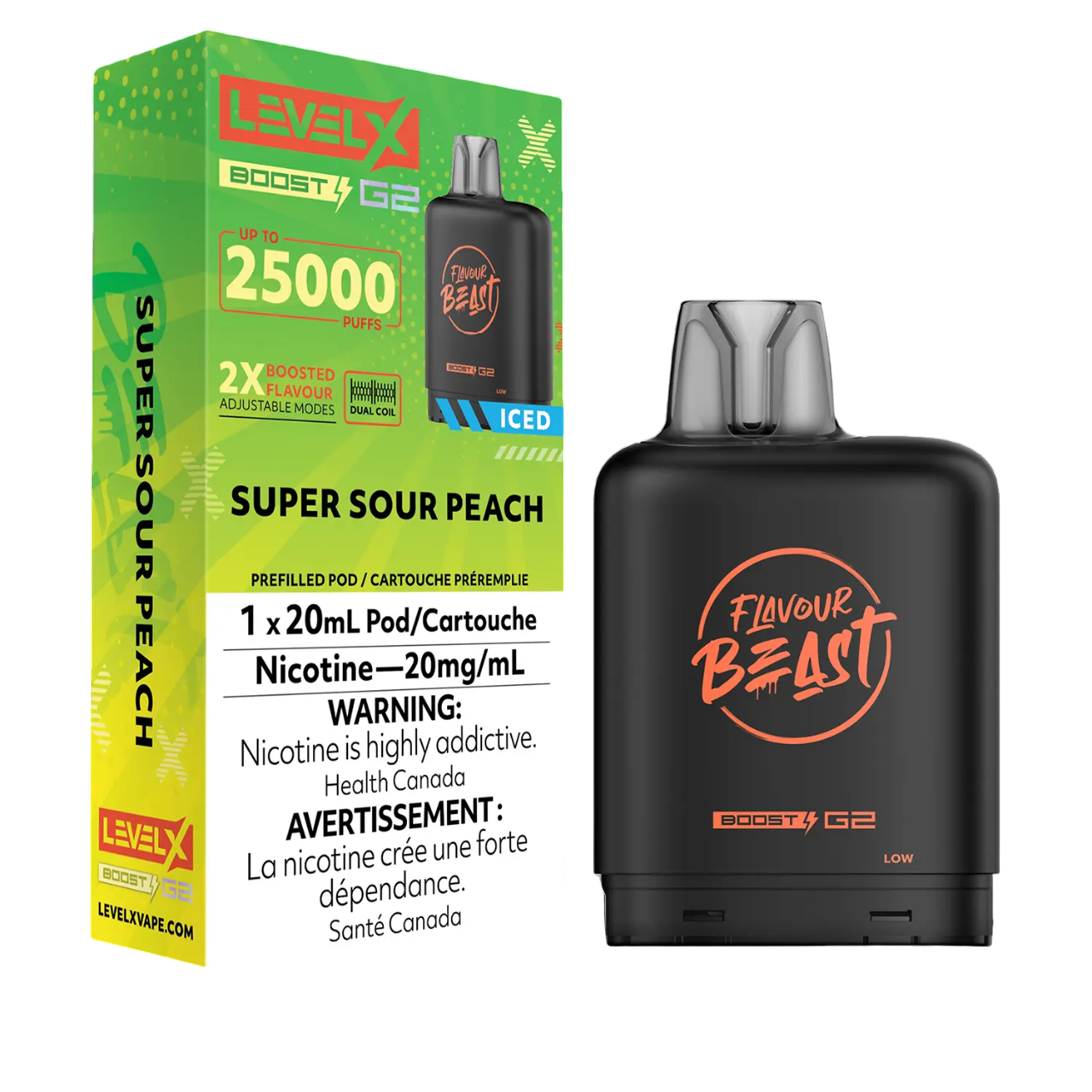 Level X Flavour Beast Boost G2 Iced Pod Super Sour Peach 25000 Puffs 20 mL 20 mg