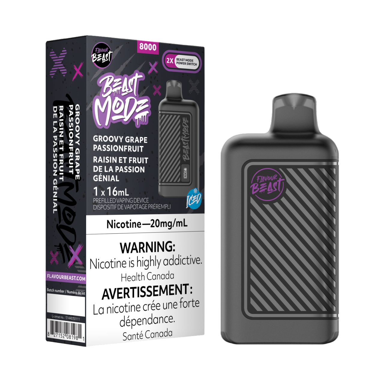 Flavour Beast Beast Mode Groovy Grape Passionfruit iced 16mL 8000 Puffs 20mg