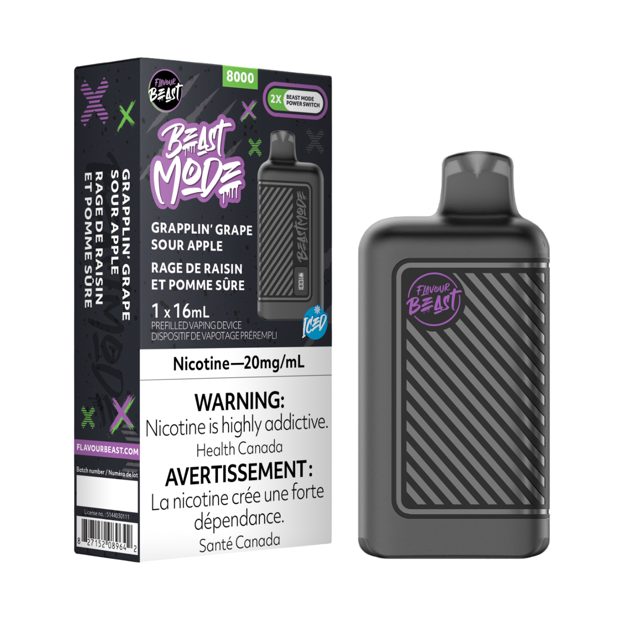 Flavour Beast Beast Mode Grapplin Grape Sour Apple Iced 16mL 8000 Puffs 20mg