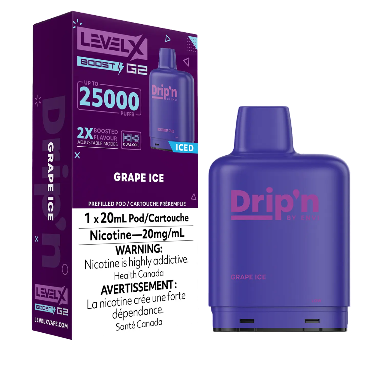 Level X Drip'n Boost G2 Pod 20mL Grape Ice 25000 Puffs 20mg