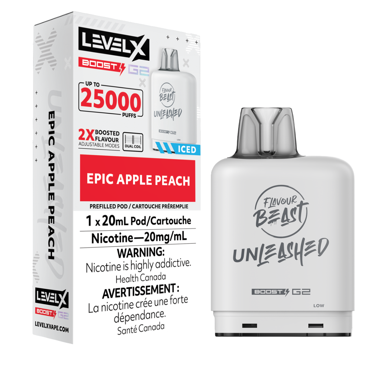 Level X Flavour Beast Unleashed Boost G2 Iced Pod Epic Apple Peach 25000 Puffs 20mL 20mg