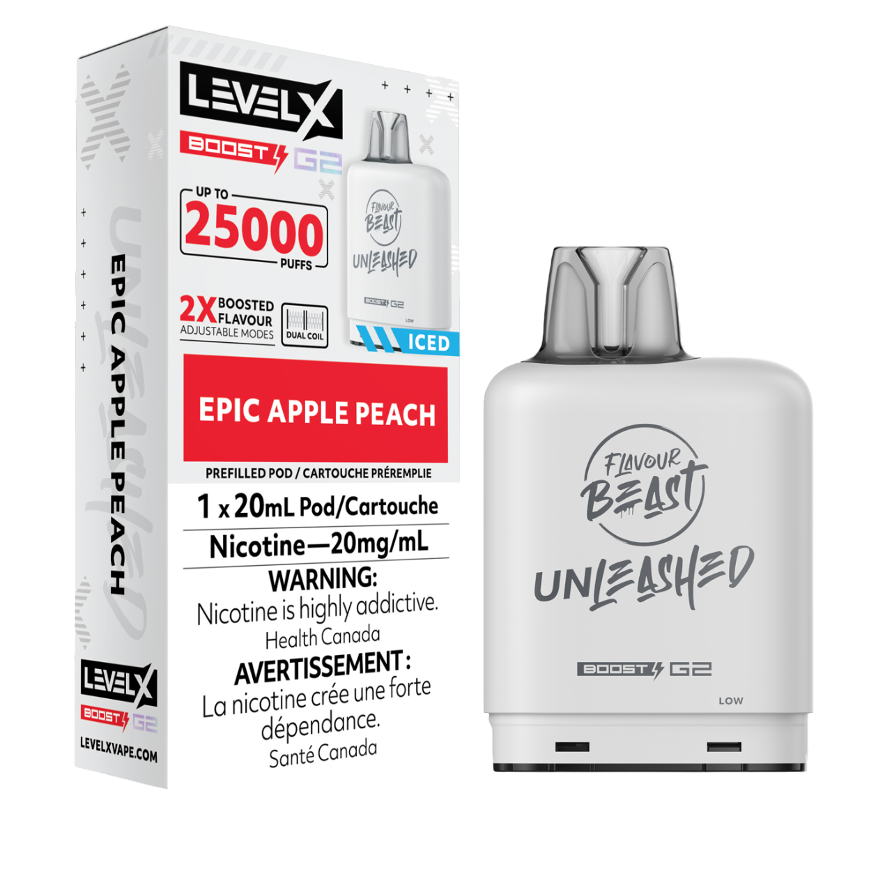 Level X Flavour Beast Unleashed Boost G2 Iced Pod Epic Apple Peach 25000 Puffs 20mL 20mg
