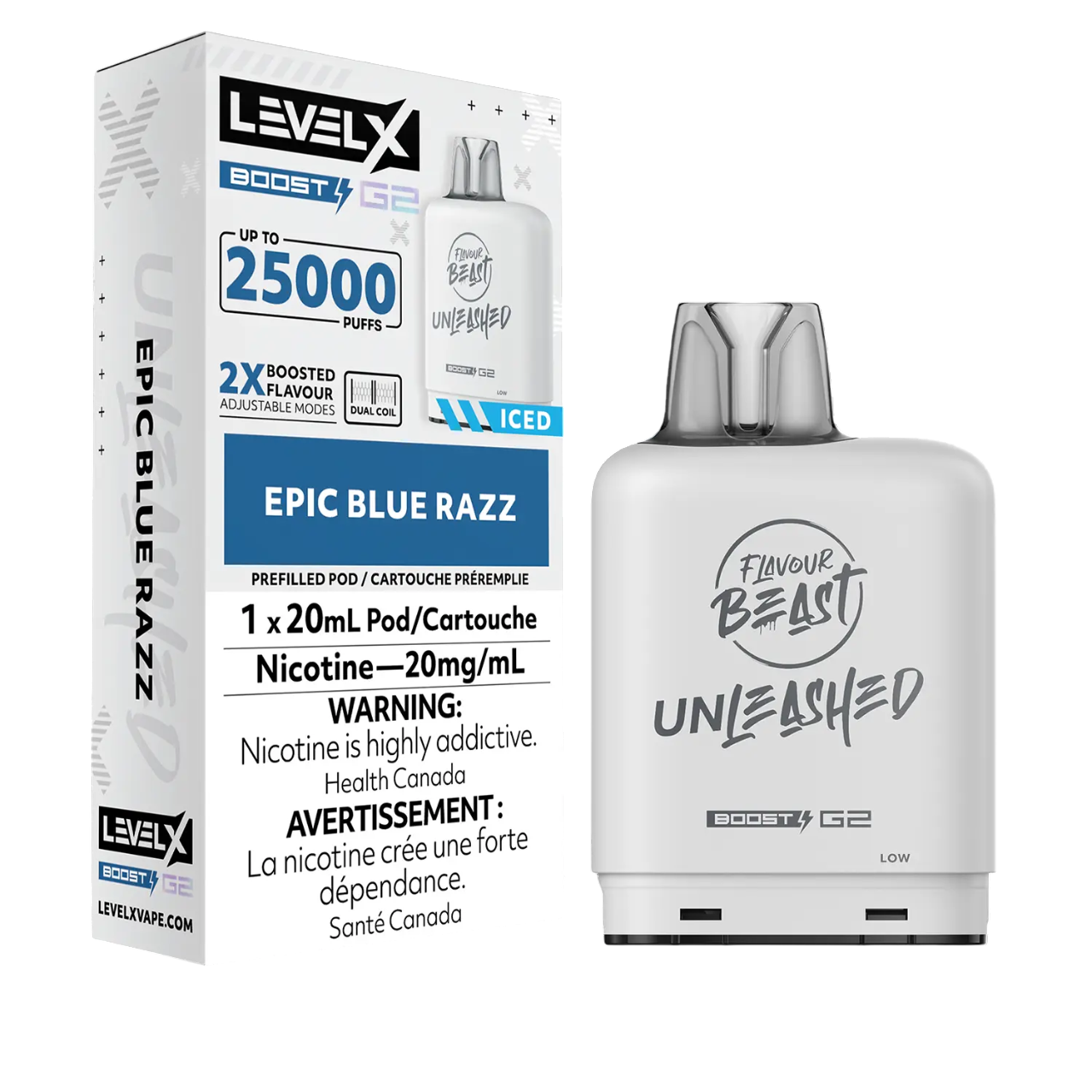 Level X Flavour Beast Unleashed Boost G2 Iced Pod 20mL Epic Blue Razz 25000 Puffs 20mg