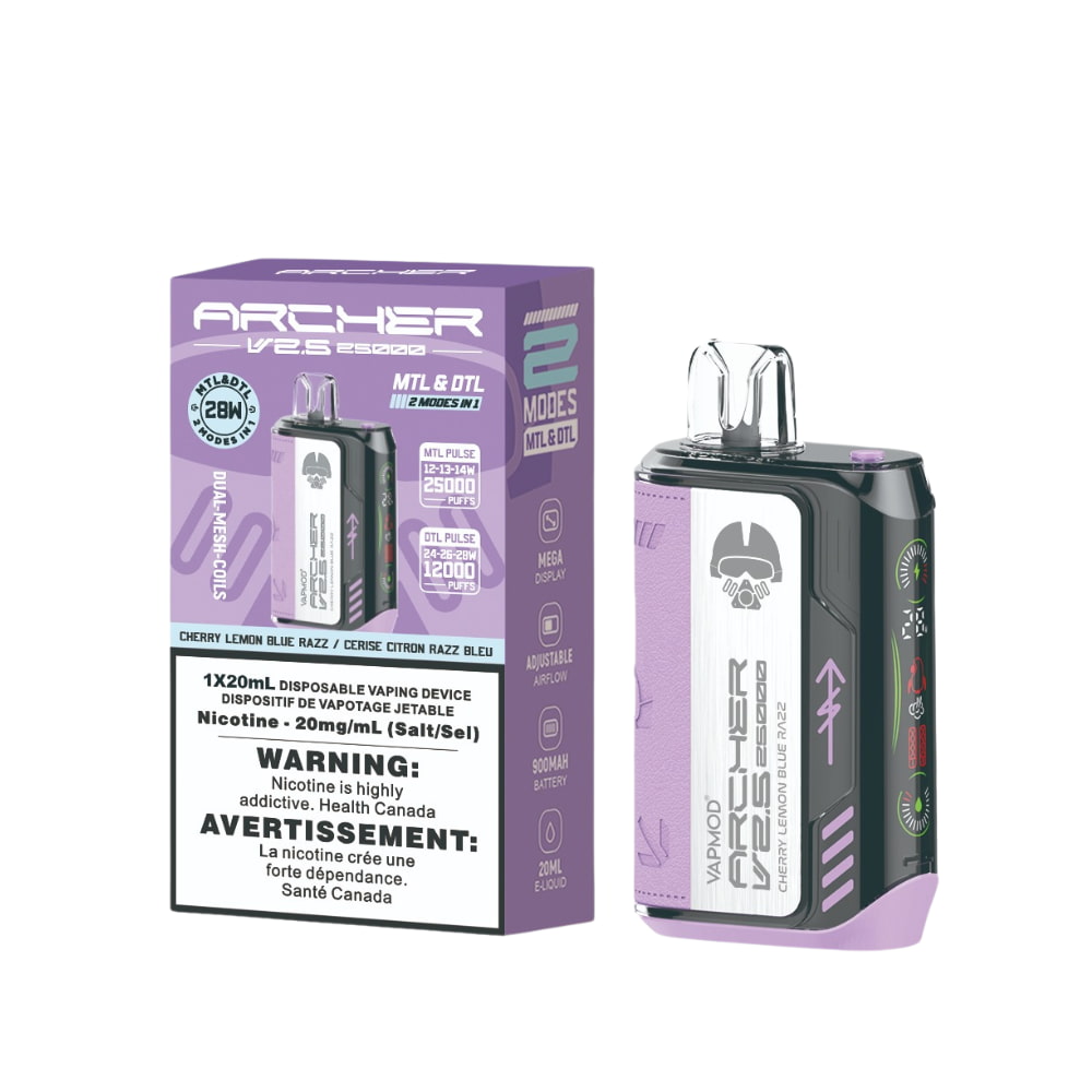 Vapmod Archer V2.5 Disposable 20mL Cherry Lemon Blue Razz Upto 25000 Puffs 20 mg