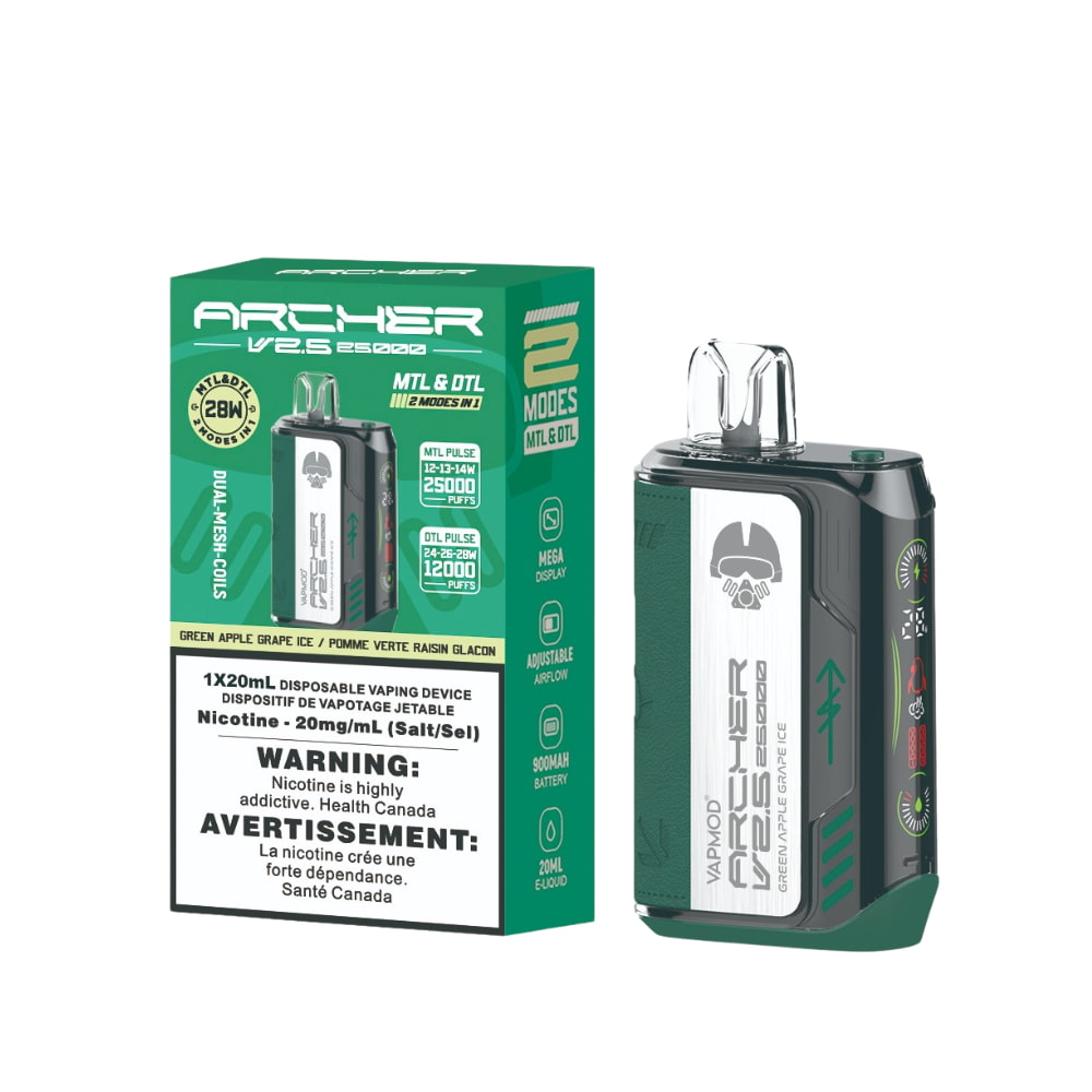 Vapmod Archer V2.5 Disposable 20mL Green Apple Grape Ice Upto 25000 Puffs 20 mg